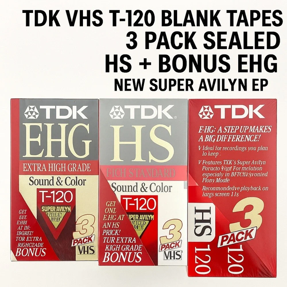 TDK VHS T-120 Blank Tapes 3 Pack Sealed HS + Bonus EHG New Super Avilyn EP